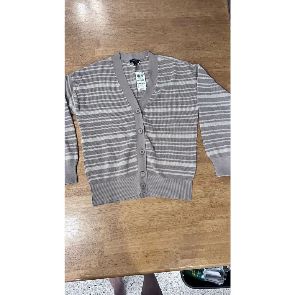 ALFANI COASTAL MODE TAN STRIPE CARDIGAN SWEATER WOMENS SZ M P1-261